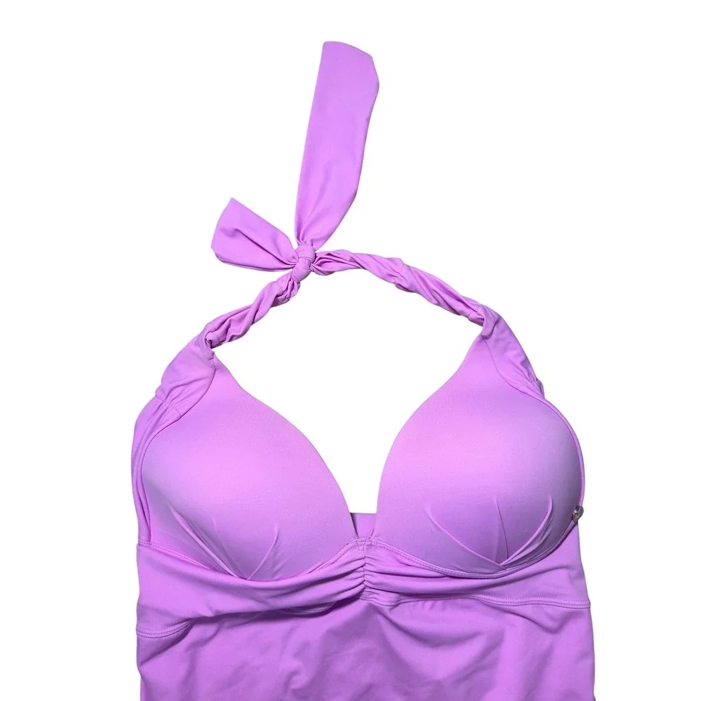 Aqua Menta Designer Swimsuit Women XL Pink Excellent Halter One Piece Ruched Bow